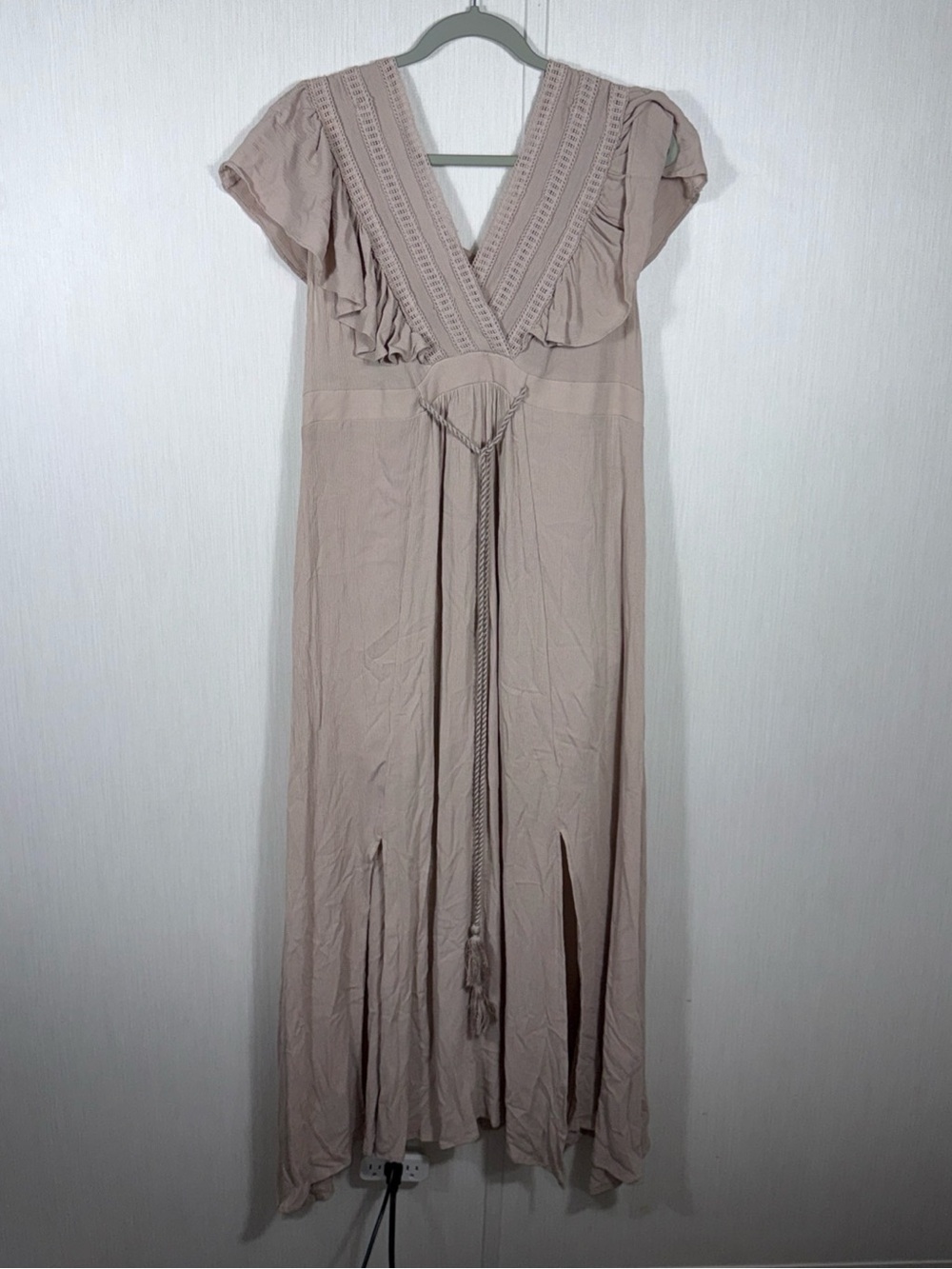 Baltic Born Taupe Ruffle Maxi Dress with Braided Waist Tie